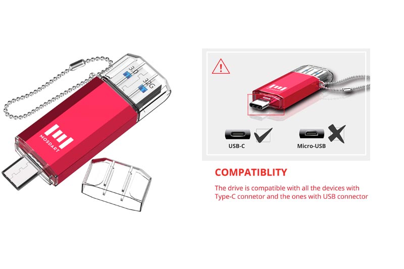 mosDART 32GB Type C Dual Flash Drive (USB-A 3.0 / USB-C3.0) High Speed for USB C Smartphones,USB-C Tablets & New Macbook,Red(NOT for Micro USB Port)