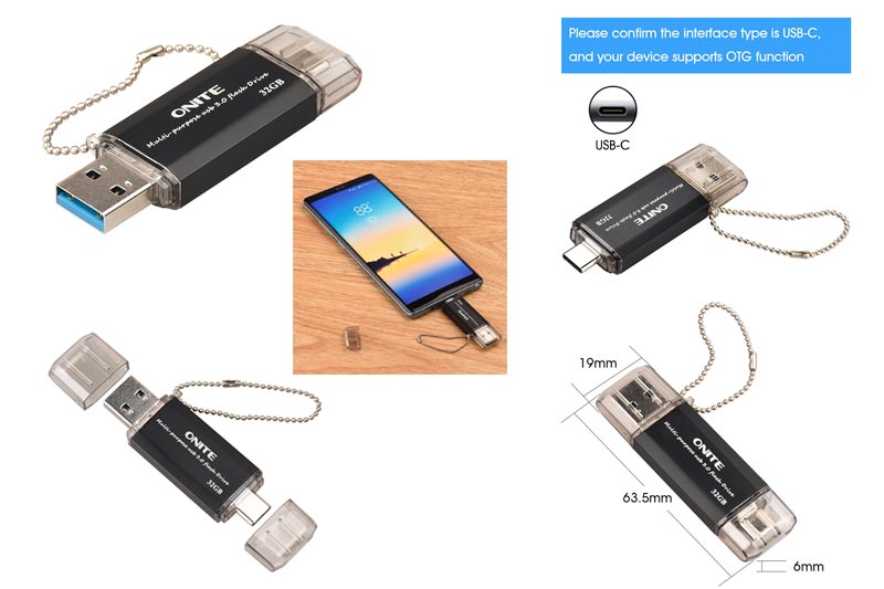 Onite Multipurpose USB C & USB A 3.0 Flash Drive for New MacBook, Galaxy S9, S8 Plus, Note 8, G6, Pixel XL, Black(32G)