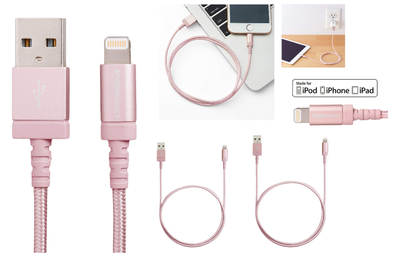 AmazonBasics Nylon Braided Lightning to USB A Cable - MFi Certified iPhone Charger - Rose Gold, 3-Foot