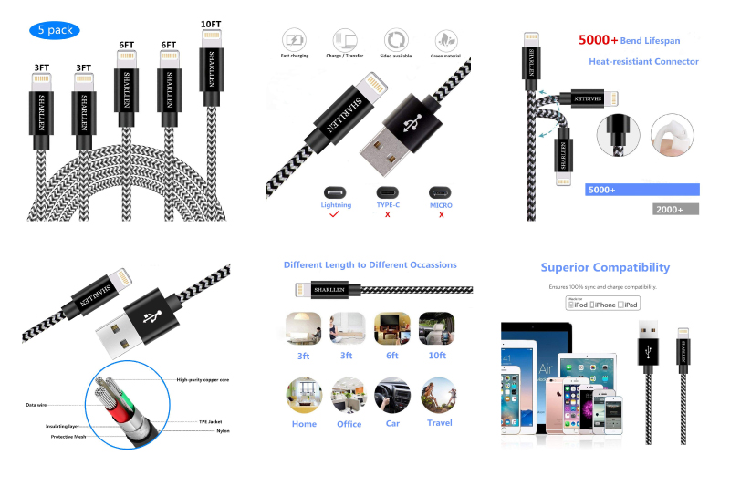 Phone Cable SHARLLEN 3FT/3FT/6FT/6FT/10FT Nylon Braided USB Charging&Syncing Cord Cell-Phone Charging Cable Compatible iPhone Charger XS/Max/XR/X/8 Plus/8/7/7Plus/6s P/6/6P/iPad White Black (5Pack)