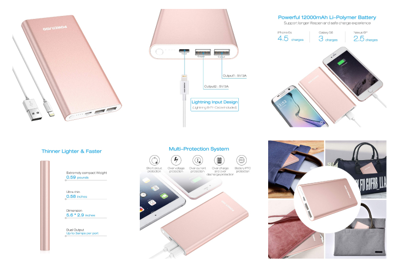 POWERADD Pilot 4GS 12000mAh 8-Pin Input Portable Charger External Battery Pack with 3A High-Speed Output Compatible with iPhone, iPad, iPod, Samsung and More - Rose Gold (Lightning Cable Include)