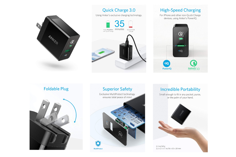 Quick Charge 3.0, Anker 18W 3Amp USB Wall Charger (Quick Charge 2.0 Compatible) PowerPort+ 1 for Galaxy S10/S9/S8/Edge/Plus, Note 8/7, LG G4, HTC One A9/M9, Nexus 9, iPhone, iPad and More