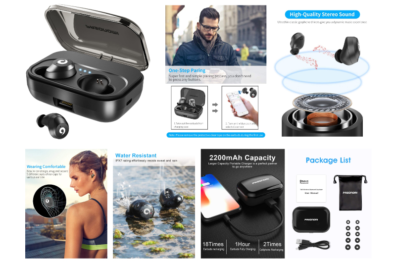 PASONOMI Bluetooth Earbuds Wireless Headphones Bluetooth Headset Wireless Earphones IPX7 Waterproof Bluetooth 5.0 Stereo Hi-Fi Sound with 2200mA Charging Case [2019 Version] (Black)